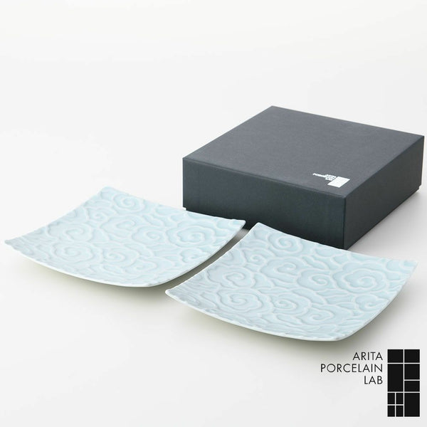 GAUFRE 瑞雲正方皿(小) 青白磁 2枚セット 化粧箱入
