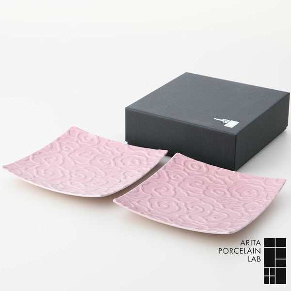 GAUFRE 瑞雲正方皿(小) ピンク 2枚セット 化粧箱入