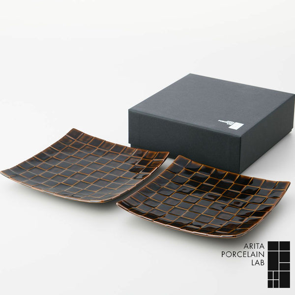 GAUFRE 市松正方皿(小) 飴釉 2枚セット 化粧箱入