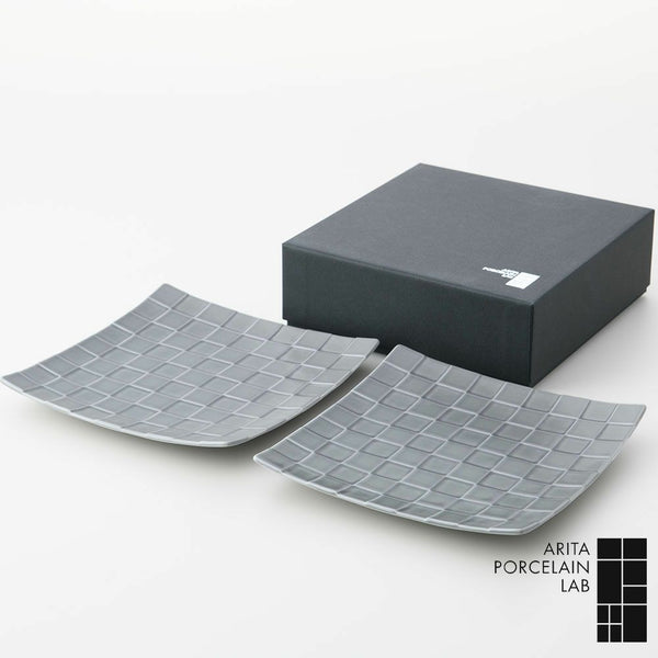 GAUFRE 市松正方皿(小) グレー 2枚セット 化粧箱入