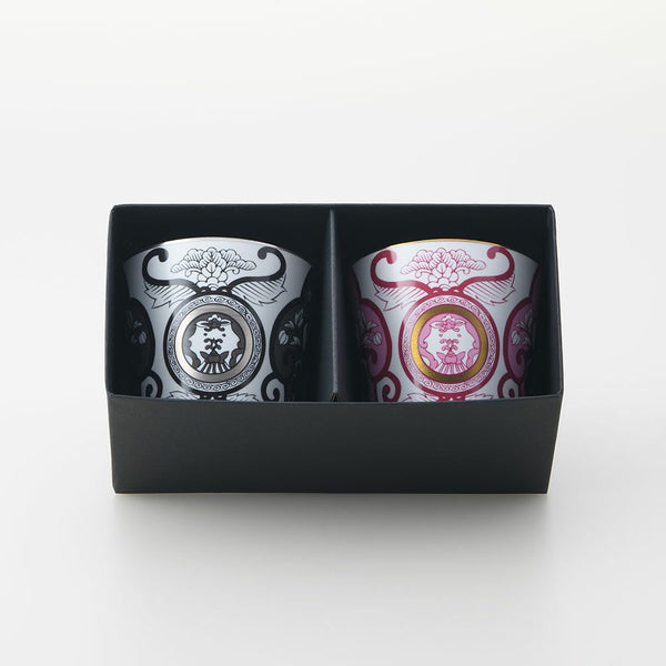 JAPAN SNOW / JAPAN AUTUMN 古伊万里草花紋 ブラック ワインレッド ロックカップ 2個セット 化粧箱入