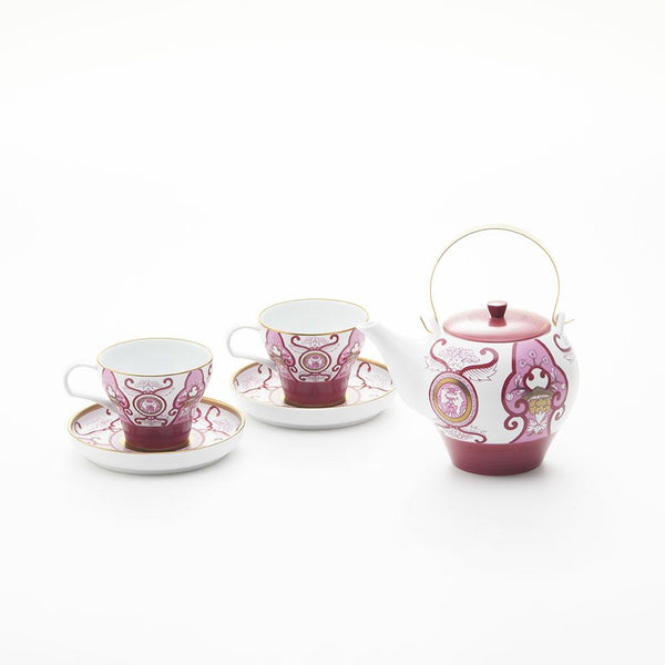 JAPAN AUTUMN ティーポット 1個 カップ&ソーサー 2個 ワインレッド 古伊万里草花紋 化粧箱入