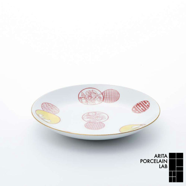 新弥左ヱ門 平皿(小) ゴールド 丸紋散し 赤