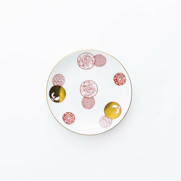 新弥左ヱ門 平皿(小) ゴールド 丸紋散し 赤