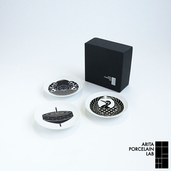 家紋小皿3枚セット 兎 独楽 鶴 化粧箱入