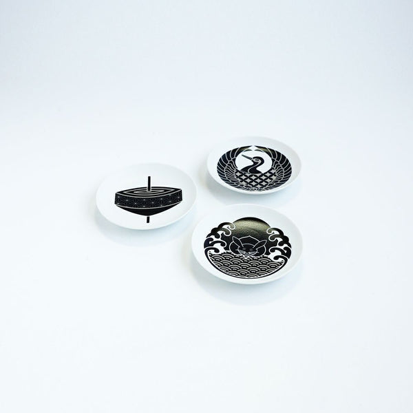 家紋小皿3枚セット 兎 独楽 鶴 化粧箱入